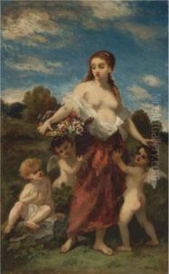Mythological Woman With Puttis by Narcisse-Virgile D Az De La Pena
