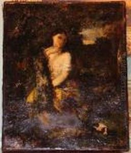 Girl W/ Dog In Landscape by Narcisse-Virgile D Az De La Pena