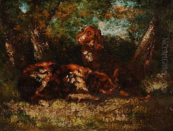 Deux Chiens De Chasse En Foret De Barbizon, Circa 1865 - view 1
