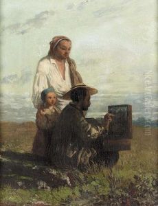 Kunstler Mit Malkasten In Landschaft. Kunstler Mit Malkasten In Landschaft.