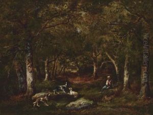 Enfant Et Chiens De Chasse En Foret by Narcisse-Virgile D Az De La Pena
