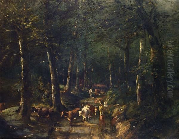 Manner Of Narcisse Virgille Diaz De La Pena,cattle And Figures On A Wooded Track - view 1