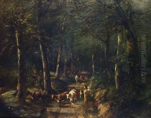 Manner Of Narcisse Virgille Diaz De La Pena,cattle And Figures On A Wooded Track