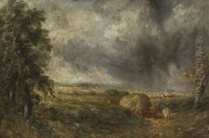 Heimkehrende Bauern Mit Heuwagen
 Bei Aufziehendem Gewitter.