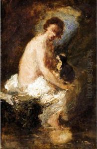 A Female Bather And Her Dog by Narcisse-Virgile D Az De La Pena
