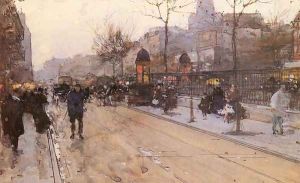 A Parisian Street Scene with Sacre Coeur in the distance by Luigi Loir