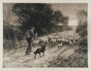A Shepherd Driving His Flock by Herbert Thomas Dicksee