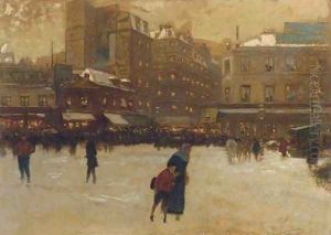 A Parisian street scene in winter by Luigi Loir