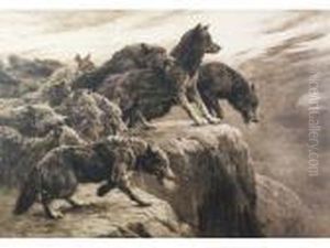 Pack Of Wolves On Rocky Outcrop by Herbert Thomas Dicksee