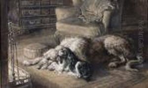 Adeer Hound And King Charles Spaniel By A Fireside