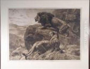 Lion And Lionesson A Rocky Outcrop by Herbert Thomas Dicksee