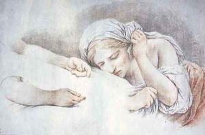 A young girl resting her head on the lap of another girl by Louis Lagrenee