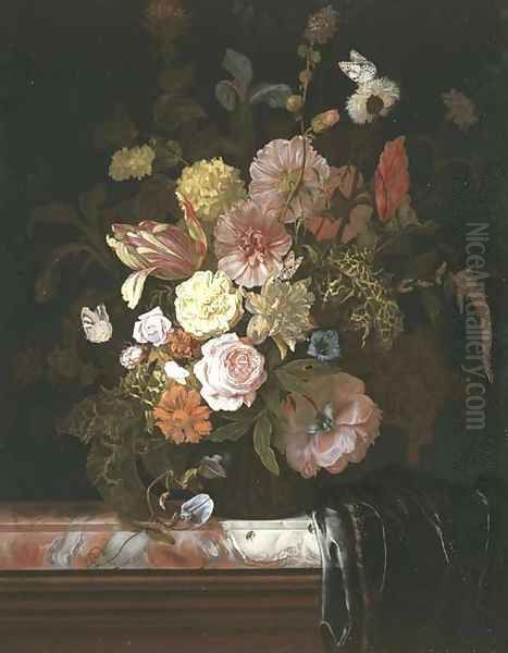 Roses, peonies, tulips and other flowers, in a glass bowl standing on a veined marble slab, the corner which is covered in a plum-colored silk drapery - view 1