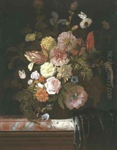 Roses, peonies, tulips and other flowers, in a glass bowl standing on a veined marble slab, the corner which is covered in a plum-colored silk drapery by Nicolaes Lachtropius