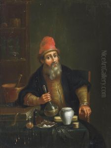 An Apothecary Seated At A Table, Holding A Florence Flask, Leaning On A Book