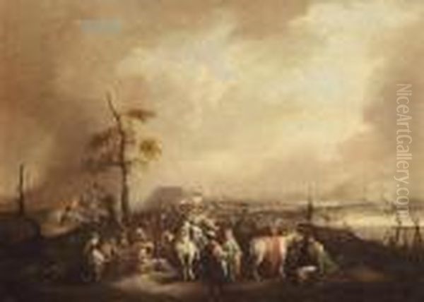 Soldiers Outside An Encampment Near The Coast, A Naval Battle Beyond - view 1