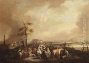 Soldiers Outside An Encampment Near The Coast, A Naval Battle Beyond