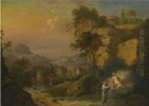 An Extensive River Landscape With Apollo And A Muse by Christian Wilhelm Ernst Dietrich