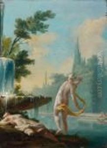 Baigneuses Aupres D'une Fontaine Dans Un Parc Italien