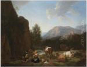 A Mountainous River Landscape 
With A Herder, His Family And Hiscattle Resting In The Foreground by Christian Wilhelm Ernst Dietrich