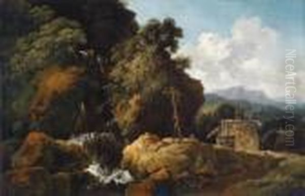 Paesaggio Boschivo E Montano Con
 Una Cappella Nel Bosco Presso Unacascata E Un Eremita In Preghiera 
Accanto A Una Croce Con Glistrumenti Del Martirio Di Cristo - view 1
