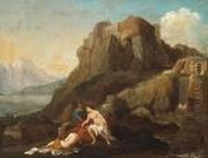 A Rocky Landscape With Figures Bathing In The Foreground by Christian Wilhelm Ernst Dietrich