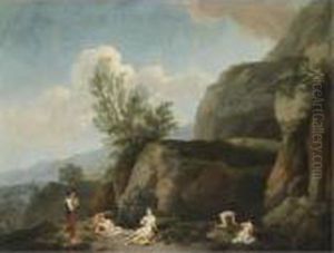 A Mountainous Landscape With
Nymphs Bathing In The Foreground And A Woman Carrying A Child, Possibly
The Finding Of Moses by Christian Wilhelm Ernst Dietrich