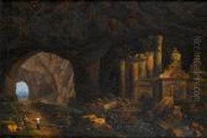 Figures Resting Before Classical Ruins Within A Grotto by Christian Wilhelm Ernst Dietrich