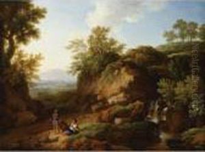 A Rocky River Landscape With Three Figures Conversing In The Foreground by Christian Wilhelm Ernst Dietrich