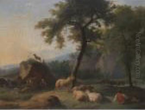 A Pastoral Landscape With A
Shepherd Resting With His Flock, And A Herder Watering His Cattle In A
River Beyond - view 1