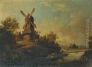 Flusslandschaft Mit Windmuhle. by Christian Wilhelm Ernst Dietrich