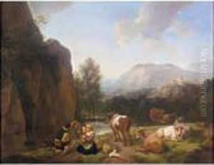 An Italianate Mountainous
Landscape With A Shepherds' Family With Their Herd And A Dog Resting
Near A Stream by Christian Wilhelm Ernst Dietrich