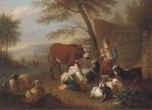 An Italianate Landscape With A 
Shepherdess Milking A Goat, A Manplaying A Doodlesack And A Drover 
Fording A River Beyond by Christian Wilhelm Ernst Dietrich
