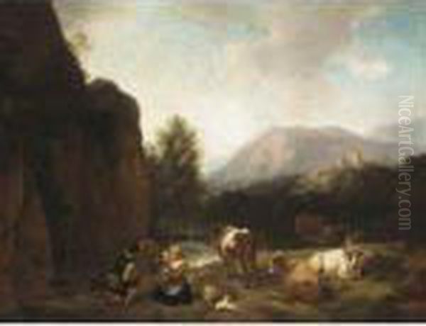 Italianate Landscape With A Drover Playing With His Wife And Child Beside A River - view 1