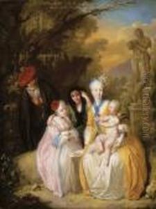 Elegant Figures In A Garden With Cupid