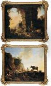 An Italianate Landscape With A
Girl Weaving, A Shepherd Playing Pipes And A Little Boy Dancing Amongst
Ruins by Christian Wilhelm Ernst Dietrich