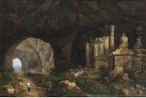 A Grotto With Nymphs Resting Near Classical Columns And Ornaments by Christian Wilhelm Ernst Dietrich