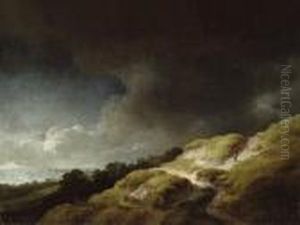 A Dune Landscape With Figures And A Cow On A Hillside, Beneath Astormy Sky