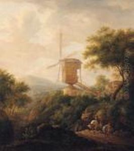 A Landscape With A Traveller And Mules On A Track By Awindmill