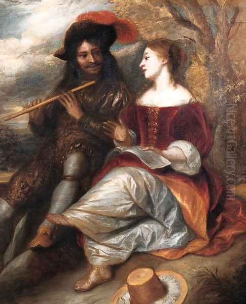 A couple in shepherd costume by a tree in a landscape - view 1