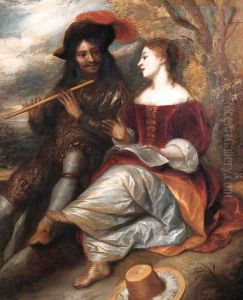 A couple in shepherd costume by a tree in a landscape