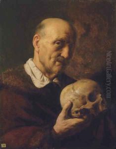 An old man, half-length, in a fur-lined coat, holding a skull