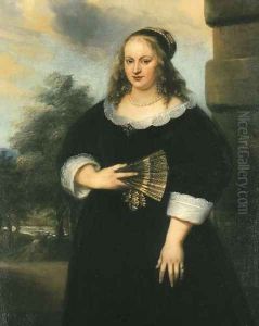 Portrait of a Lady, three-quarter-length, in a black dress with a white lace collar and cuffs, a fan in her right hand, a garden beyond