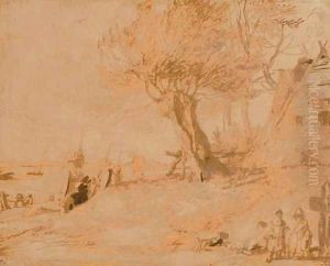 Personnages sous un arbre au bord de l'eau, une chaumiere sur la droite