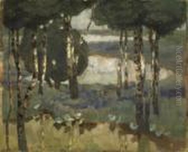 Birches By The Forest Pond.
Signed And Dated Lower Left: L. Dill 98. Gouache On Paper. Laid Down On
Carton. 49 X 60cm. Framed. - view 1