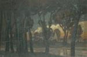 A Wooded River Landscape With Houses Beyond.