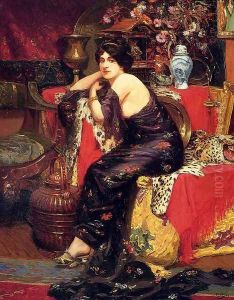 A Harem Beauty Seated On A Leopard Skin by Frederic Louis Leve