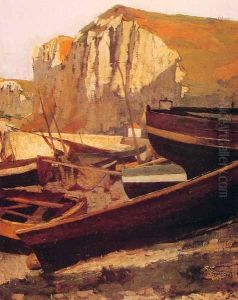 Barques au pied d'une falaise en Normandie (Boats at the foot of a cliff in Normandy) by Jean-Paul Laurens