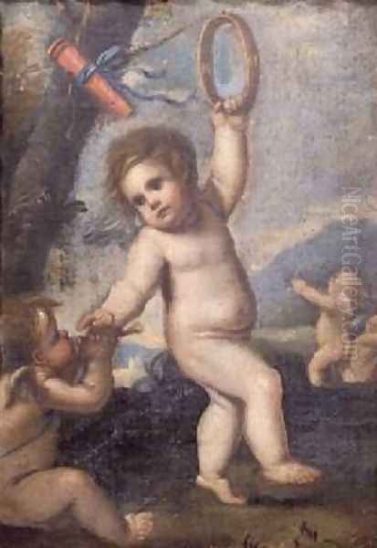 Cupid and other putti playing in a landscape - view 1
