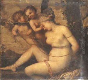 Venus being bound by two putti by Pietro Liberi